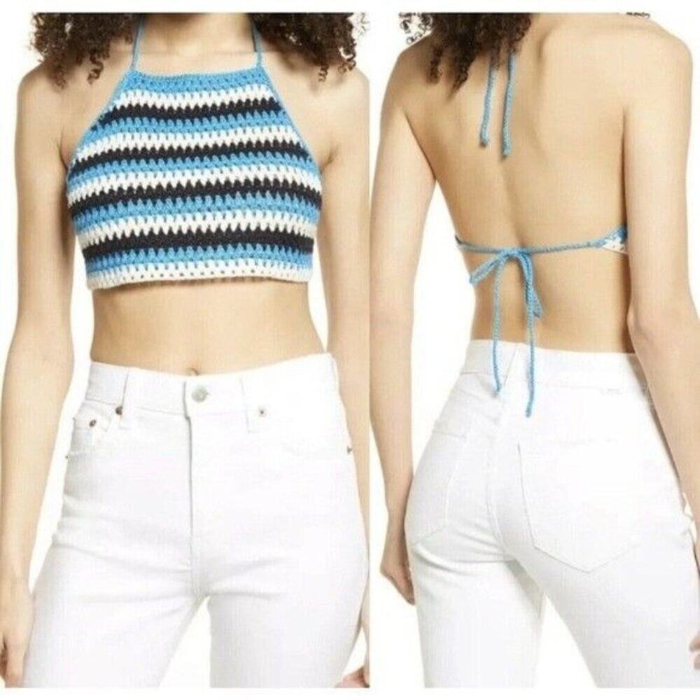 BP. Junior Crochet Halter Top Size XL Blue Black Ziggy Stripe Boho